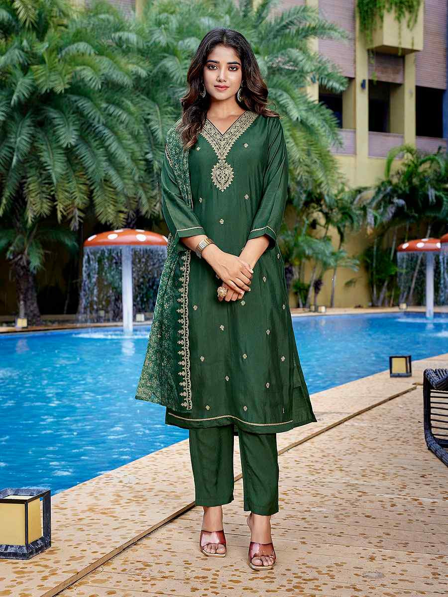 Bottle Green Viscose Chanderi Embroidery Party Wedding Festival Casual Ready Pant Salwar Kameez