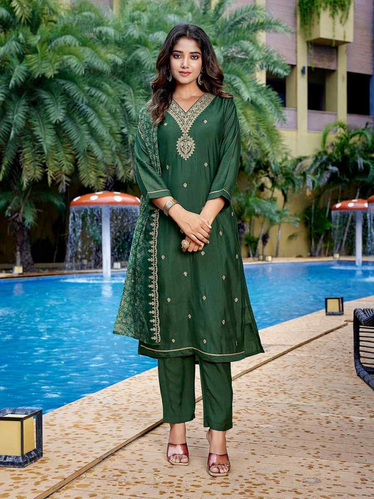 Image of Bottle Green Viscose Chanderi Embroidery Party Wedding Festival Casual Ready Pant Salwar Kameez
