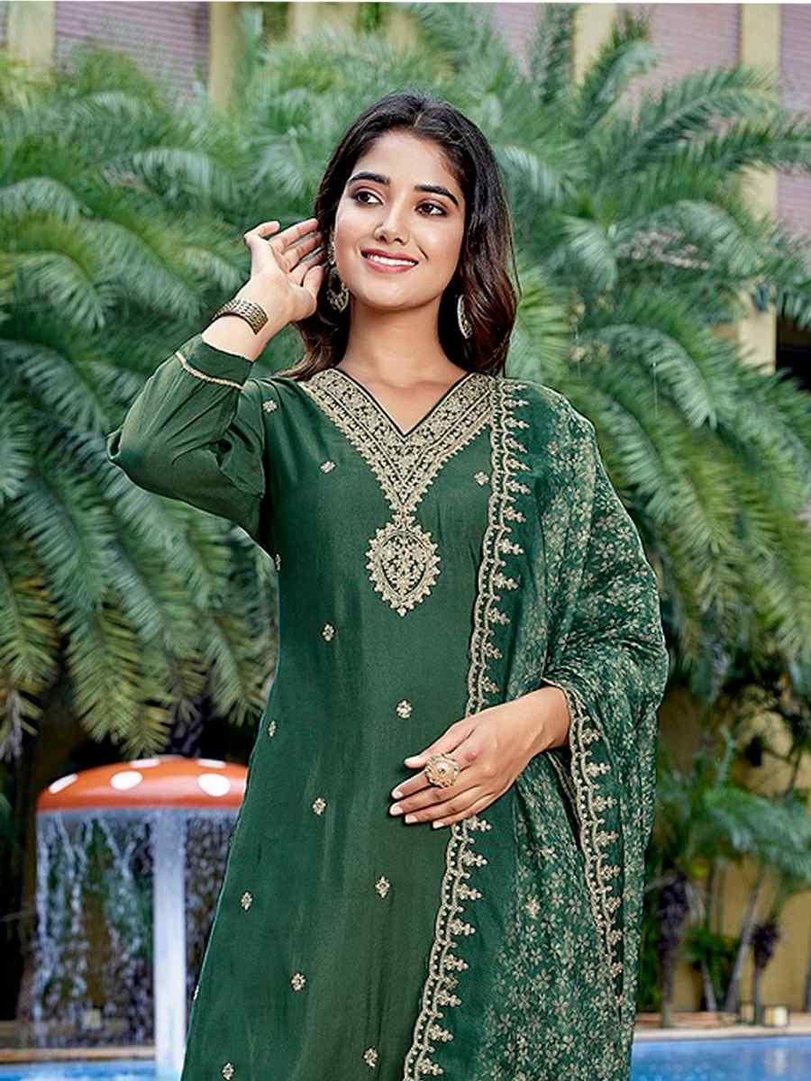 Bottle Green Viscose Chanderi Embroidery Party Wedding Festival Casual Ready Pant Salwar Kameez