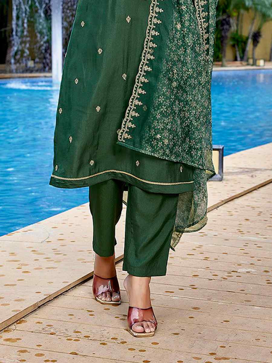 Bottle Green Viscose Chanderi Embroidery Party Wedding Festival Casual Ready Pant Salwar Kameez