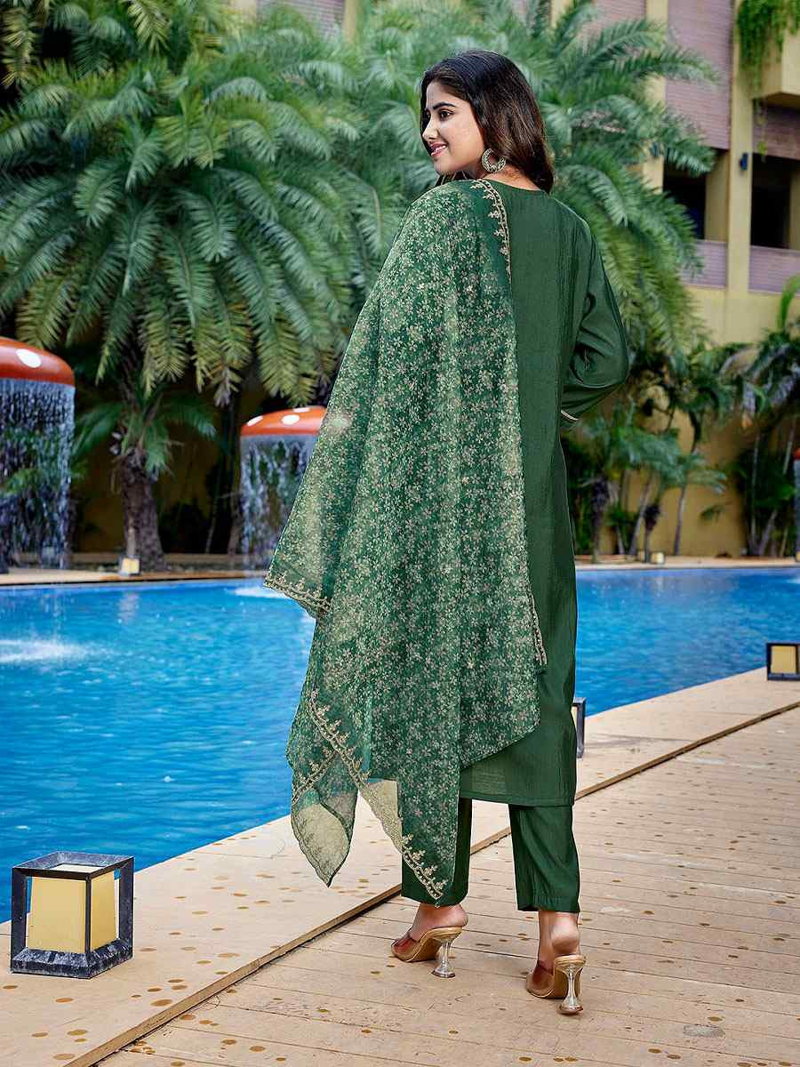Bottle Green Viscose Chanderi Embroidery Party Wedding Festival Casual Ready Pant Salwar Kameez