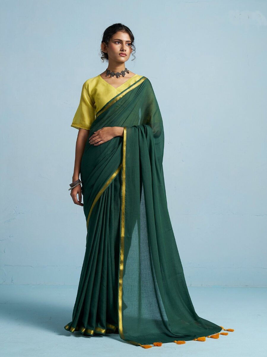Bottle Green Viscose Plain Casual Party Festival Wedding Fancy Classic Style Sarees