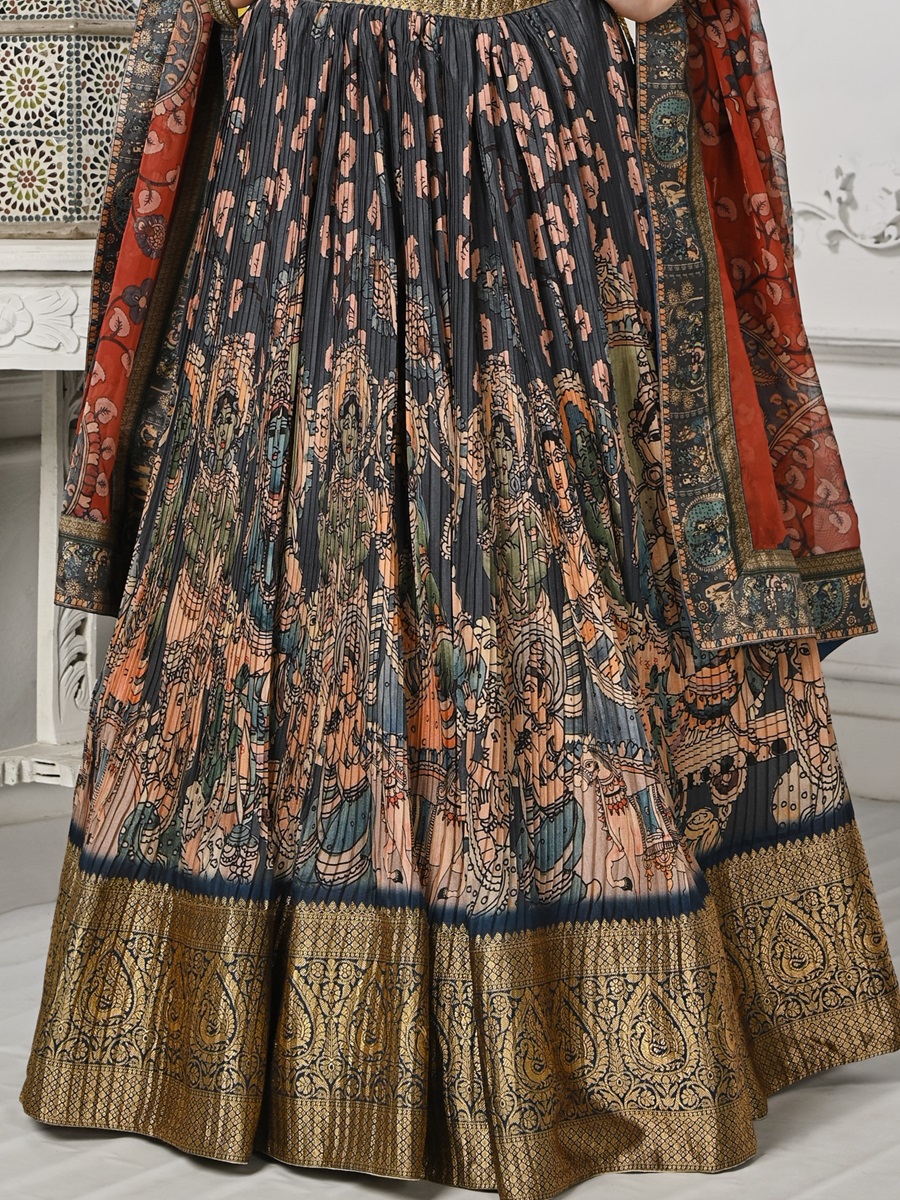 Multi Pure Silk Printed Mehendi Festival Circular Lehenga Choli