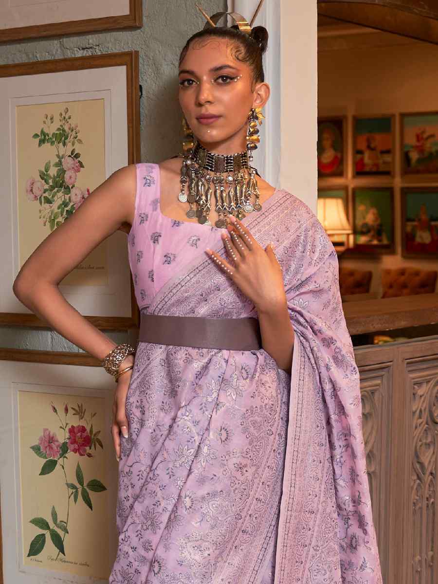 Bouqute Purple Kashmiri Modal Silk Handwoven Wedding Festival Heavy Border Saree