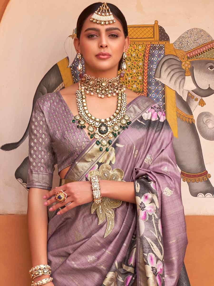 Brandy Rose Purple Silk Printed Casual Festival Classic Style Saree