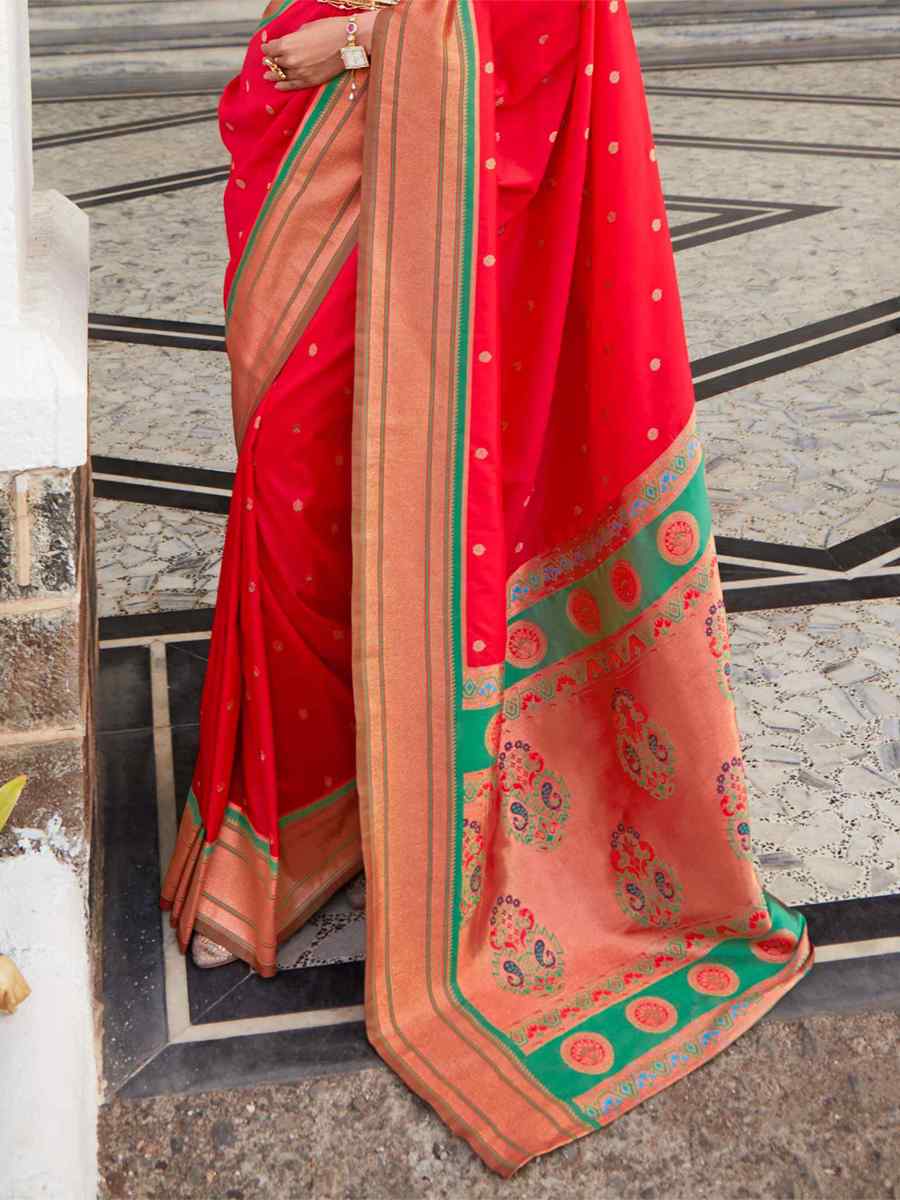 Brick Red Paithani Silk Handwoven Wedding Festival Heavy Border Saree