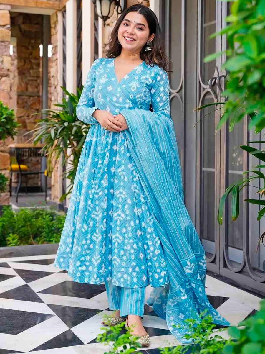 Bright Blue Pure MaslinPrinted Casual Festival Anarkali Salwar Kameez