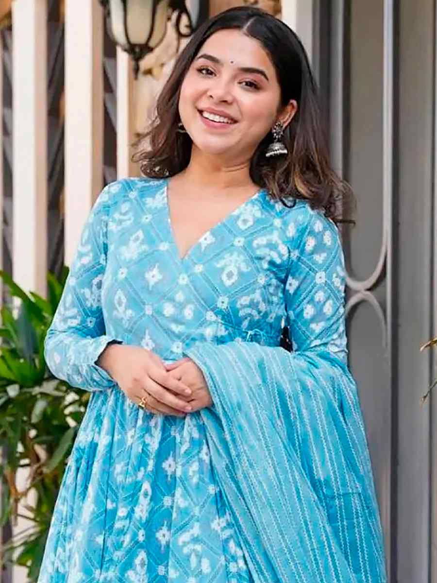 Bright Blue Pure MaslinPrinted Casual Festival Anarkali Salwar Kameez