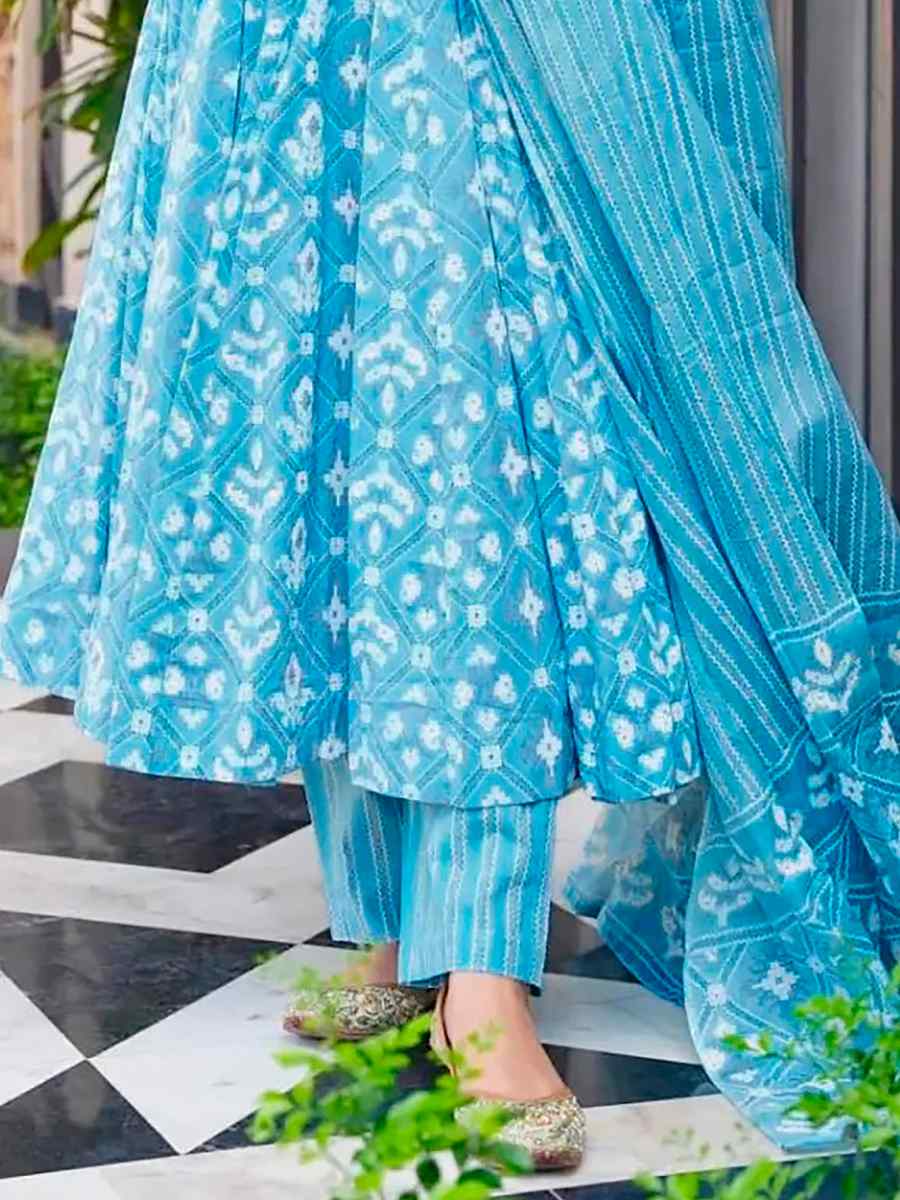 Bright Blue Pure MaslinPrinted Casual Festival Anarkali Salwar Kameez