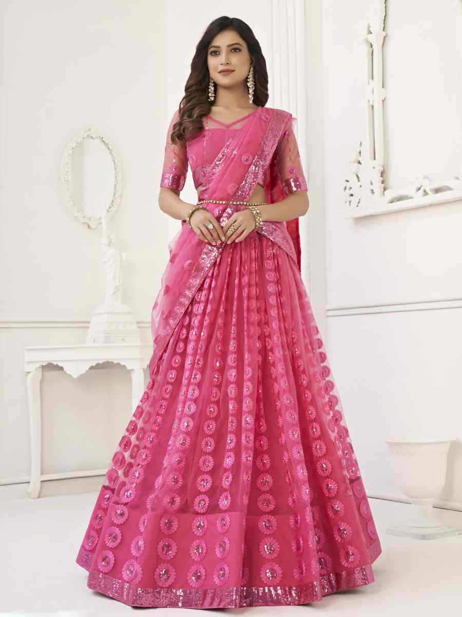 Bright Pink Net Embroidered Wedding Reception Festival Heavy Border Lehenga Choli