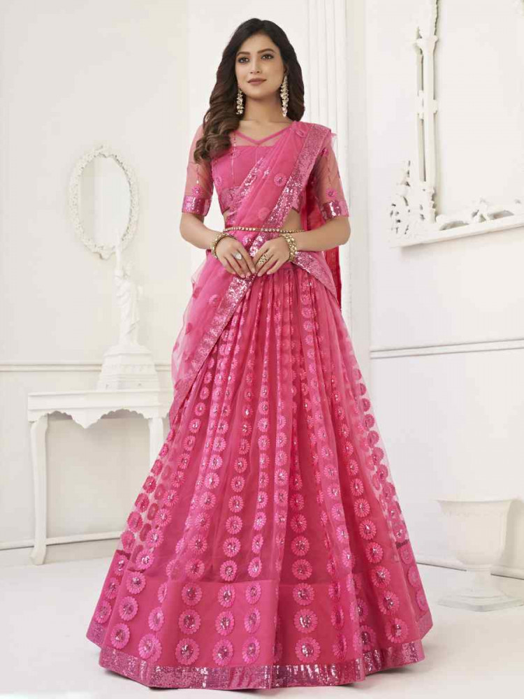 Image of Bright Pink  Net Embroidered Wedding Reception Festival Heavy Border Lehenga Choli