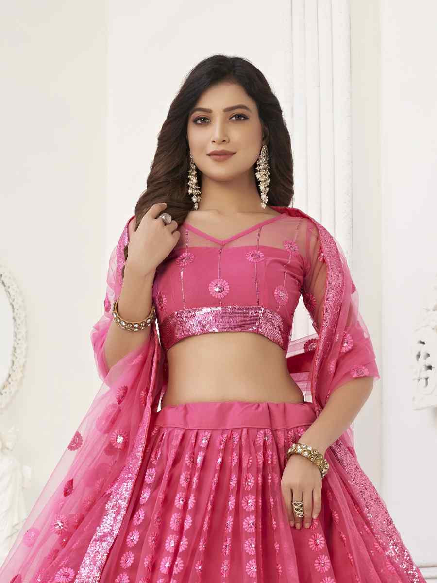 Bright Pink Net Embroidered Wedding Reception Festival Heavy Border Lehenga Choli