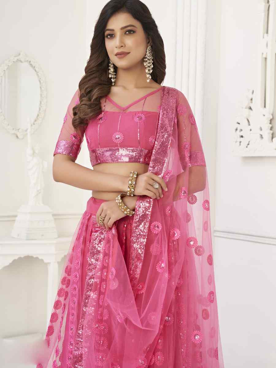 Bright Pink Net Embroidered Wedding Reception Festival Heavy Border Lehenga Choli