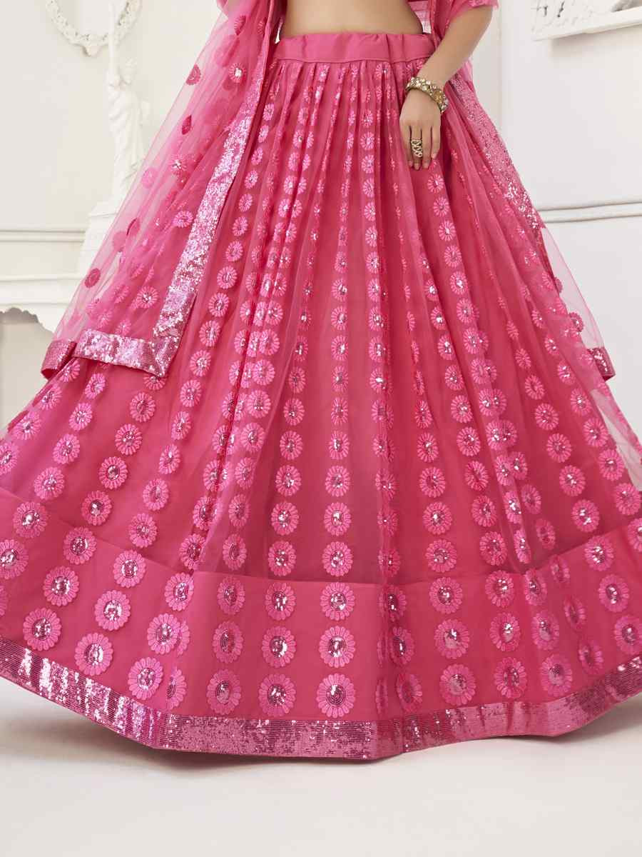 Bright Pink Net Embroidered Wedding Reception Festival Heavy Border Lehenga Choli