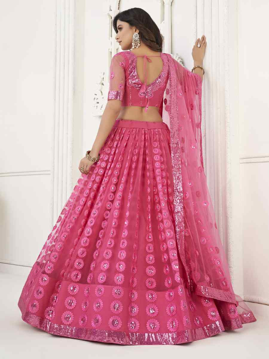 Bright Pink Net Embroidered Wedding Reception Festival Heavy Border Lehenga Choli