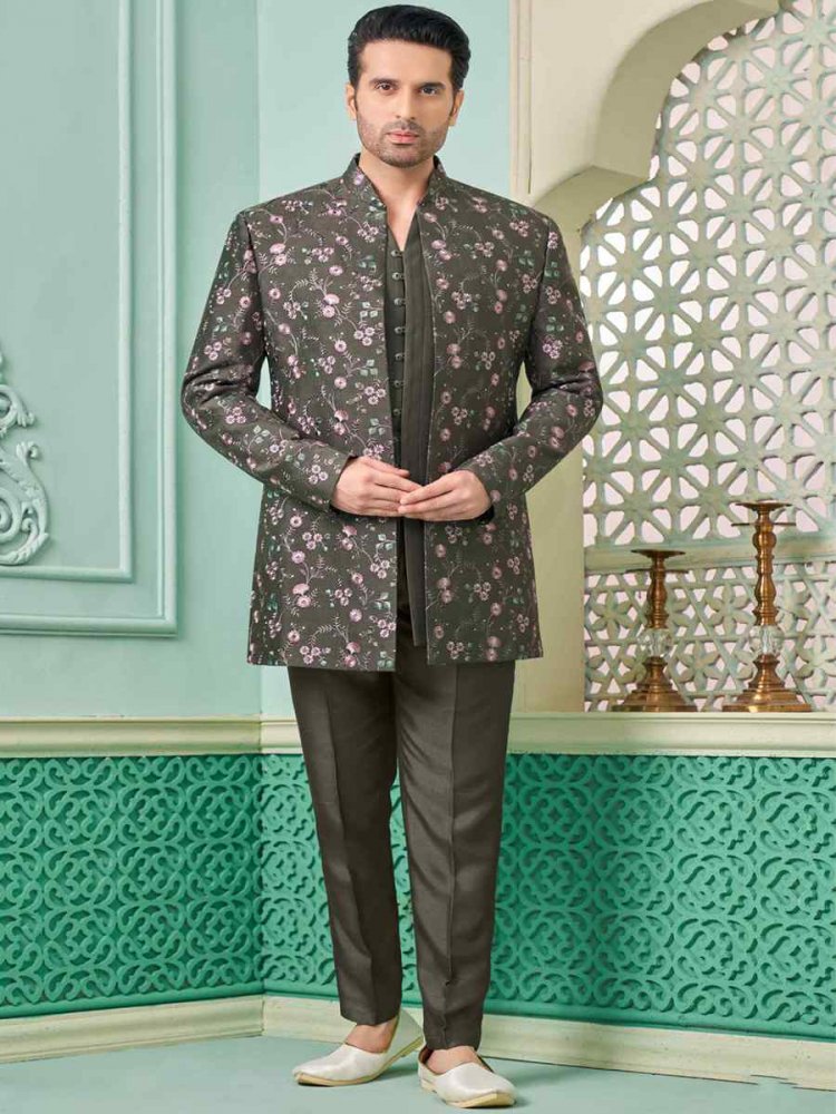 Brown Art Banarasi Silk Embroidered Festival Wedding Sherwani