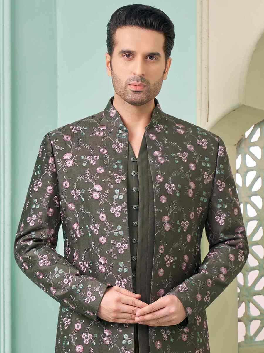 Brown Art Banarasi Silk Embroidered Festival Wedding Sherwani