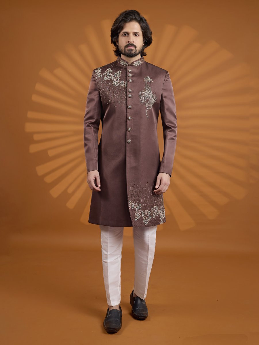 Brown Art Silk Embroidered Computer Thread work Wedding Party Festival Groom Sherwani