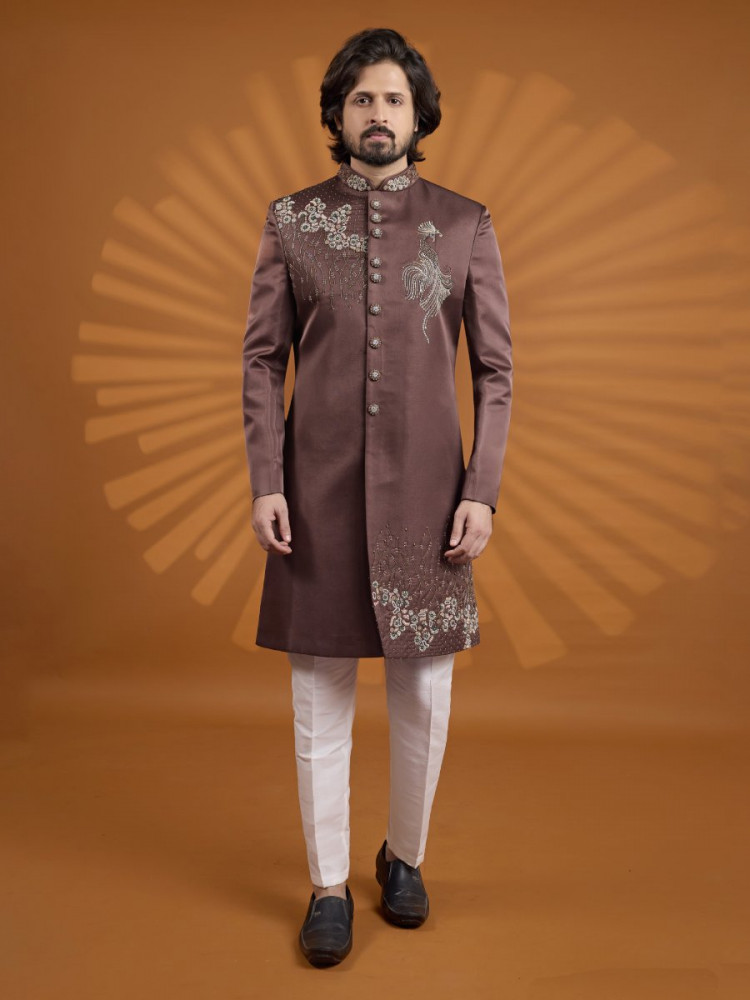 Image of Brown Art Silk Embroidered Computer Thread work Wedding Party Festival Groom Sherwani