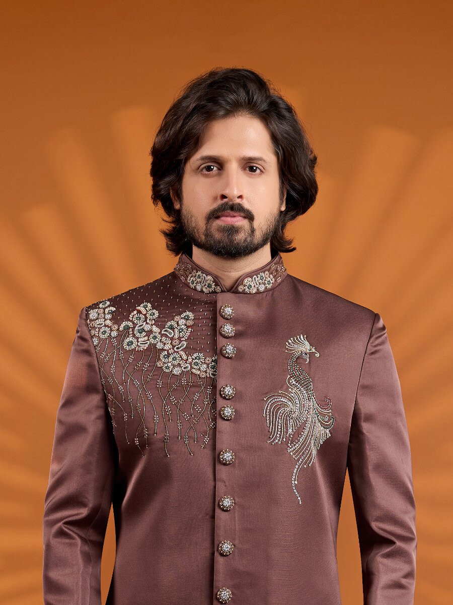 Brown Art Silk Embroidered Computer Thread work Wedding Party Festival Groom Sherwani