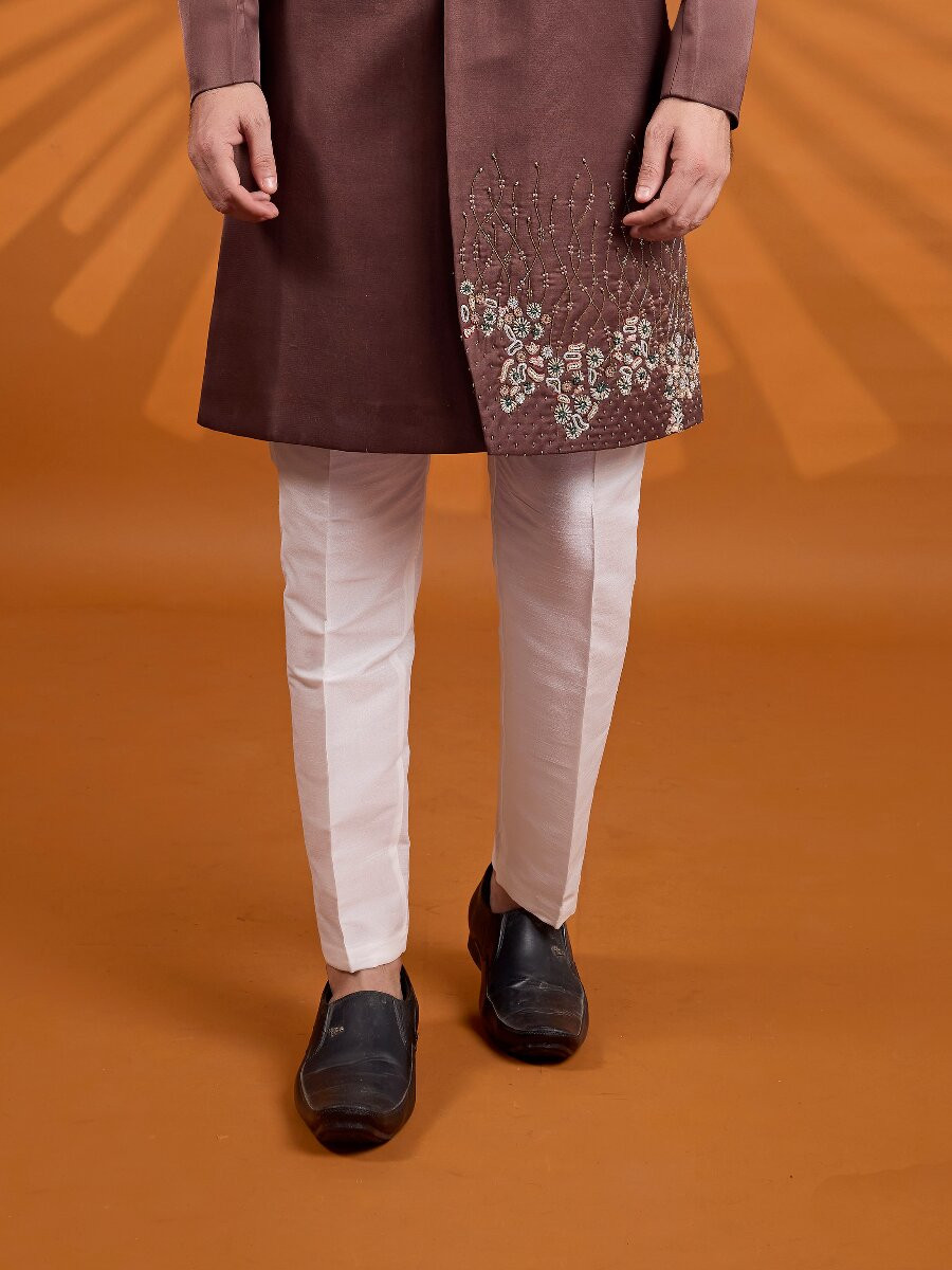 Brown Art Silk Embroidered Computer Thread work Wedding Party Festival Groom Sherwani