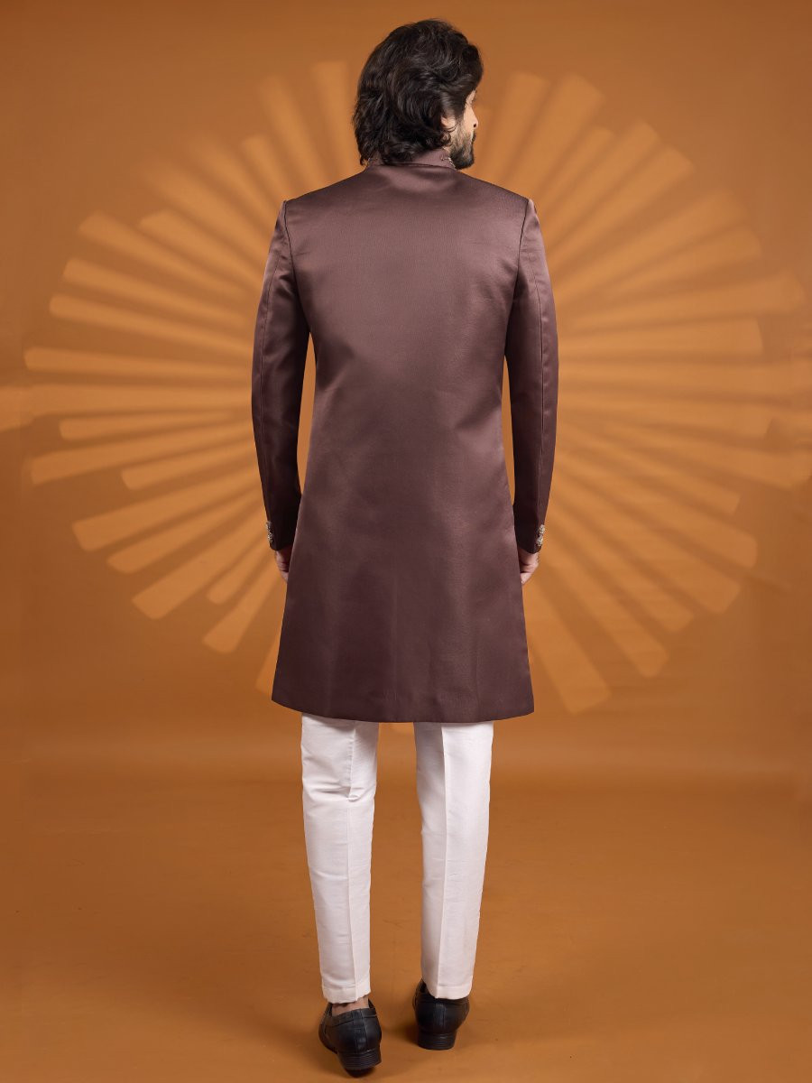 Brown Art Silk Embroidered Computer Thread work Wedding Party Festival Groom Sherwani
