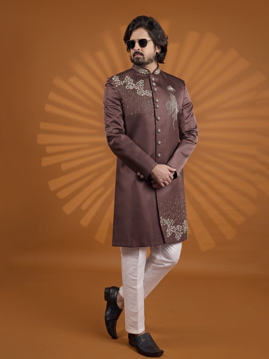 Brown Art Silk Embroidered Computer Thread work Wedding Party Festival Groom Sherwani