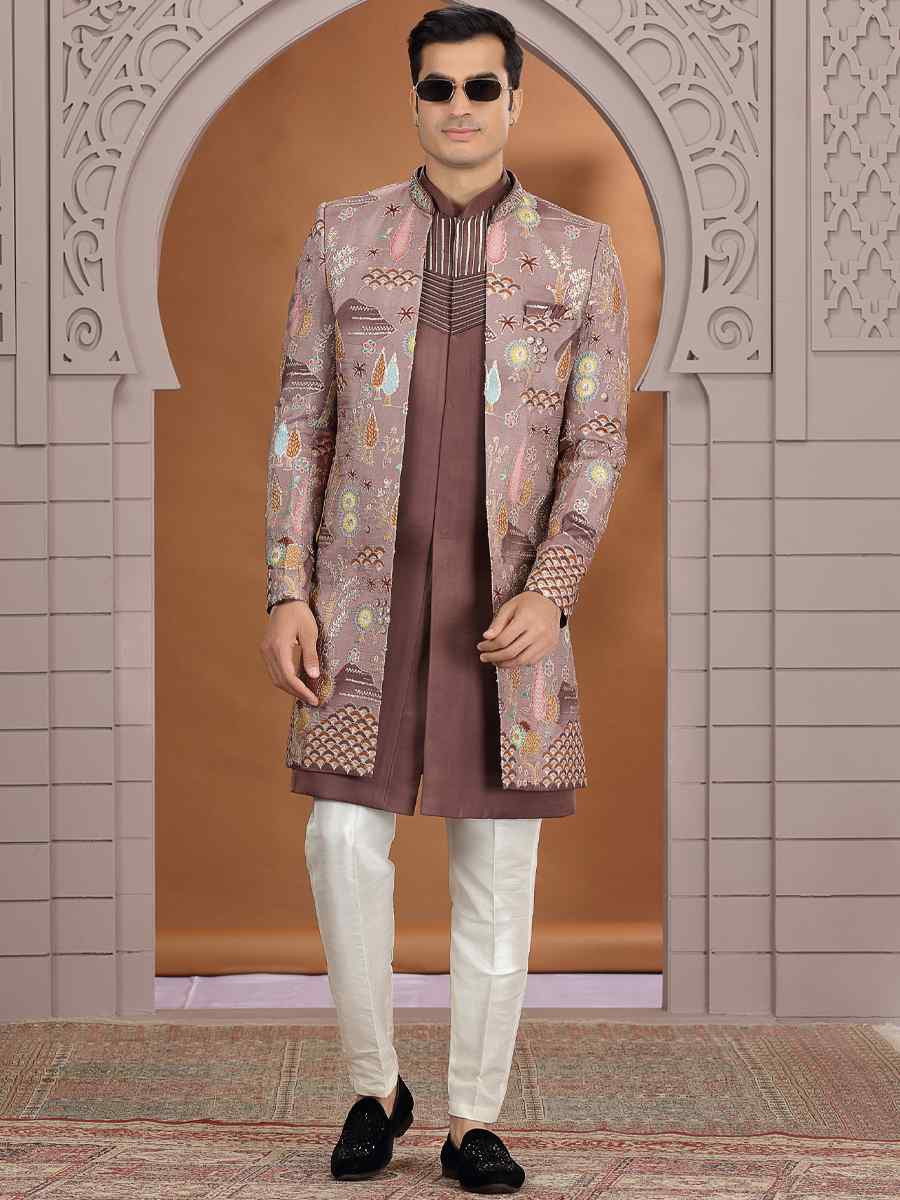 Brown Art Silk Embroidered Festival Wedding Mens 3 PCS Indo Western Set
