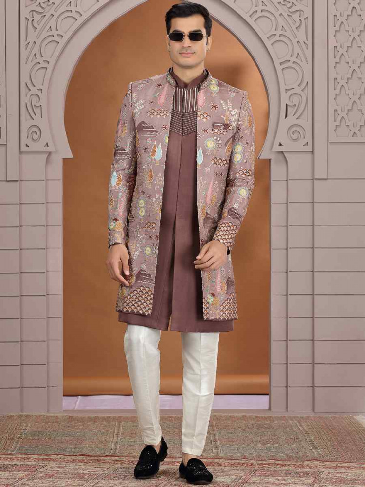Image of Brown Art Silk Embroidered Festival Wedding Mens 3 PCS Indo Western Set