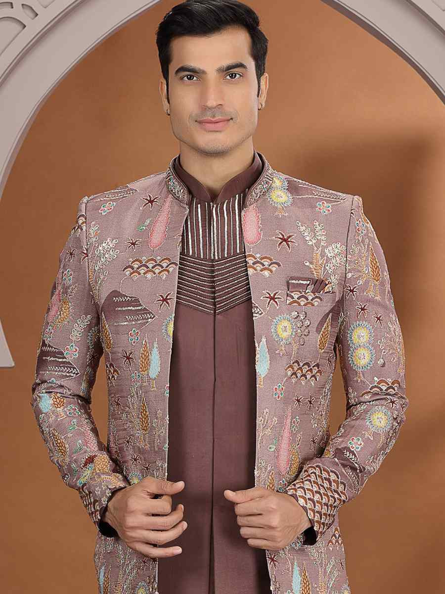 Brown Art Silk Embroidered Festival Wedding Mens 3 PCS Indo Western Set