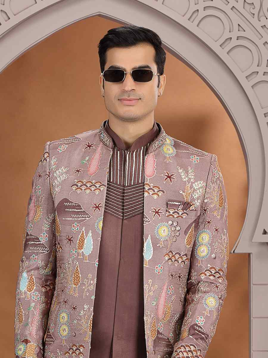 Brown Art Silk Embroidered Festival Wedding Mens 3 PCS Indo Western Set