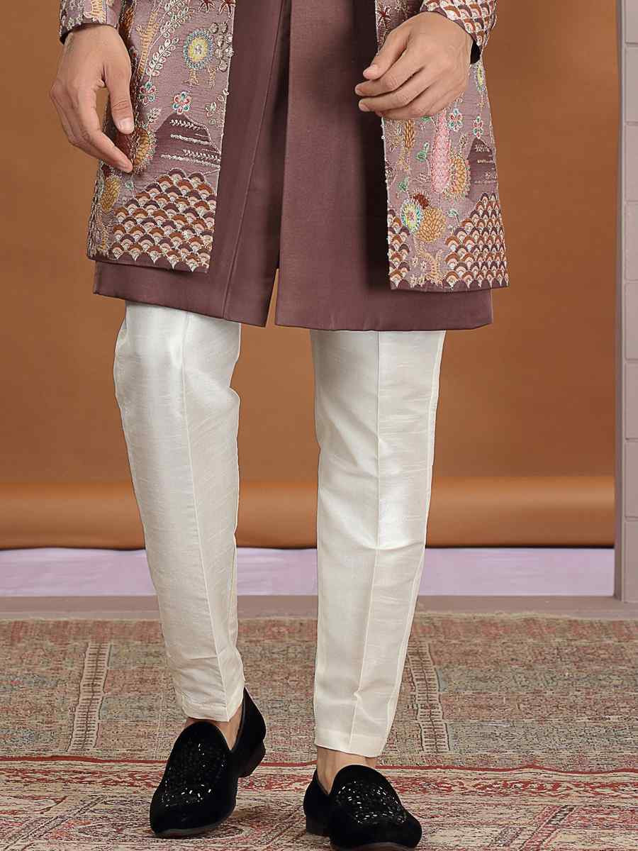 Brown Art Silk Embroidered Festival Wedding Mens 3 PCS Indo Western Set