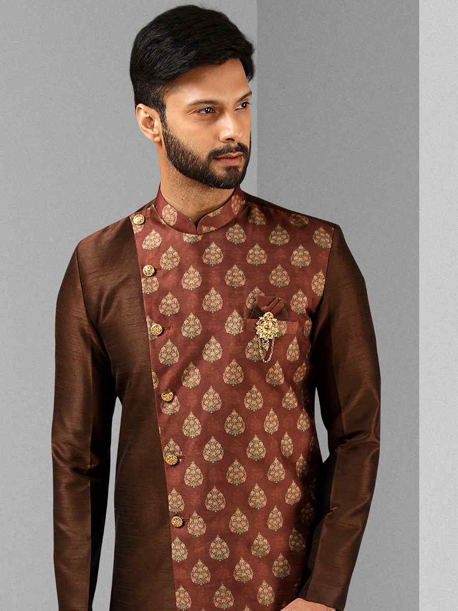 Brown Art Silk Plain Printed Party Wedding Sherwani