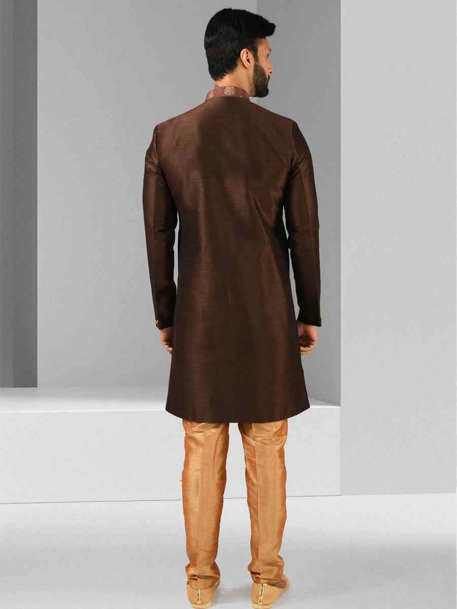 Brown Art Silk Plain Printed Party Wedding Sherwani