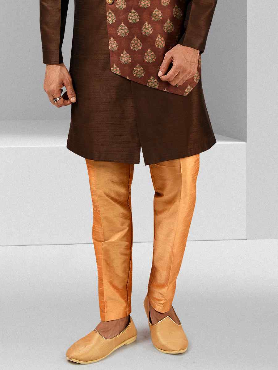 Brown Art Silk Plain Printed Party Wedding Sherwani