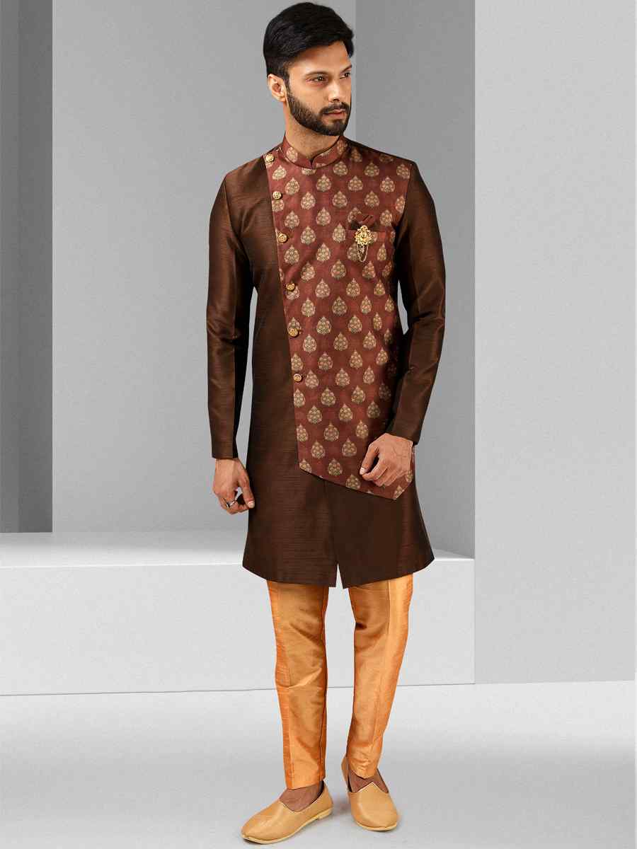 Brown Art Silk Plain Printed Party Wedding Sherwani