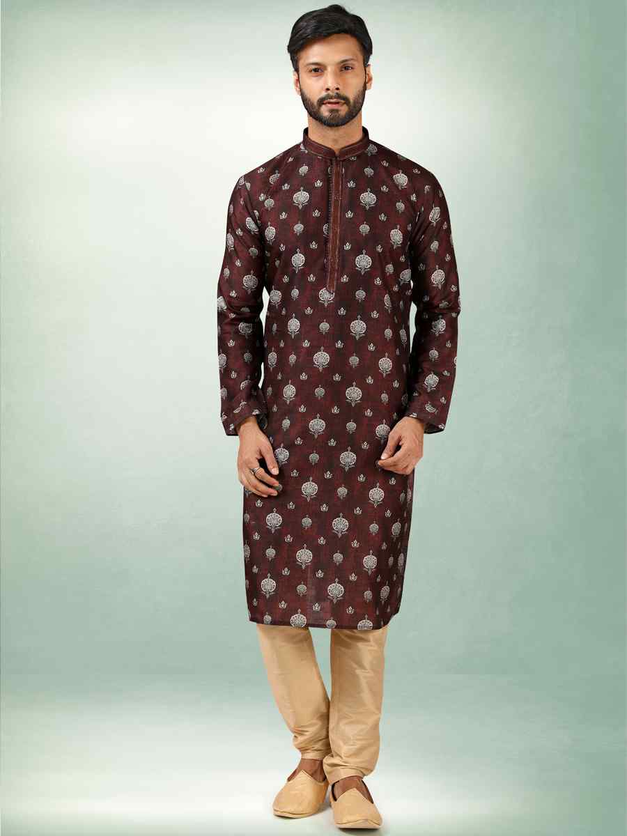 Brown Art Silk Printed Festival Kurta