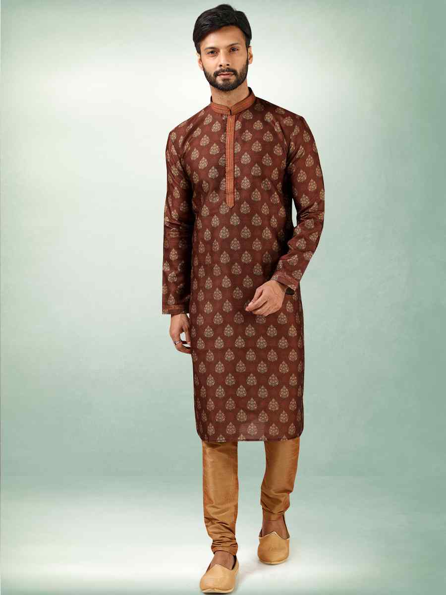 Brown Art Silk Printed Festival Kurta