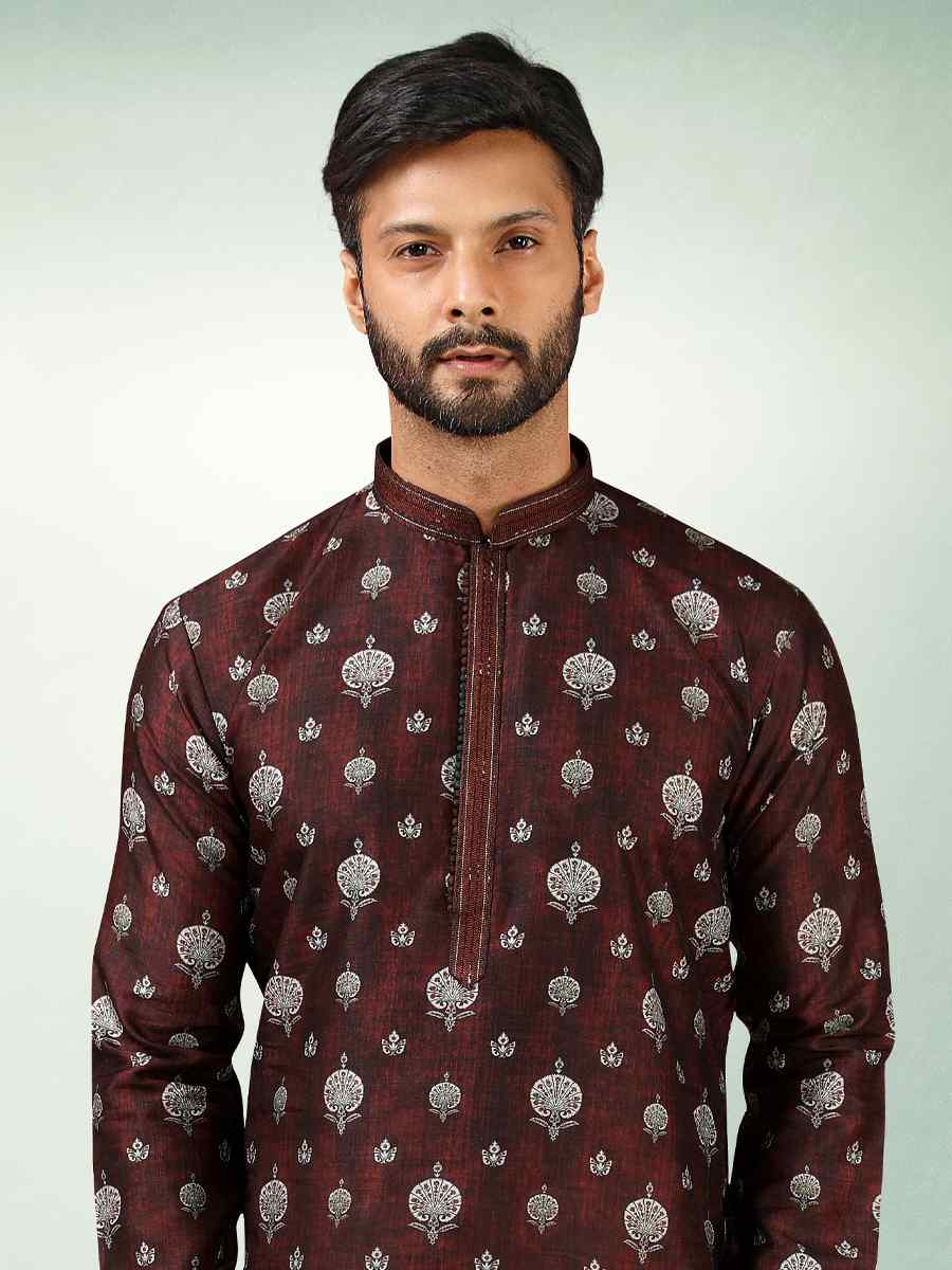 Brown Art Silk Printed Festival Kurta