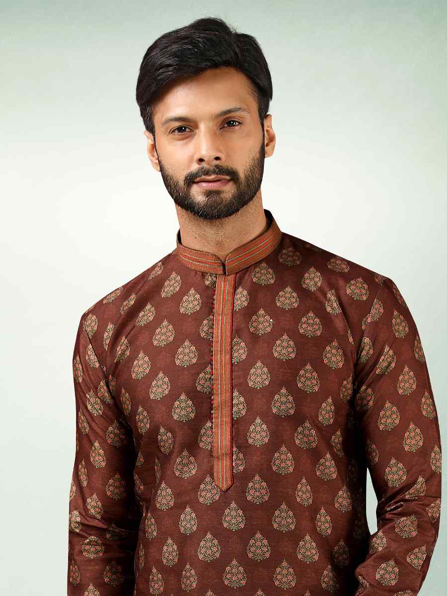 Brown Art Silk Printed Festival Kurta