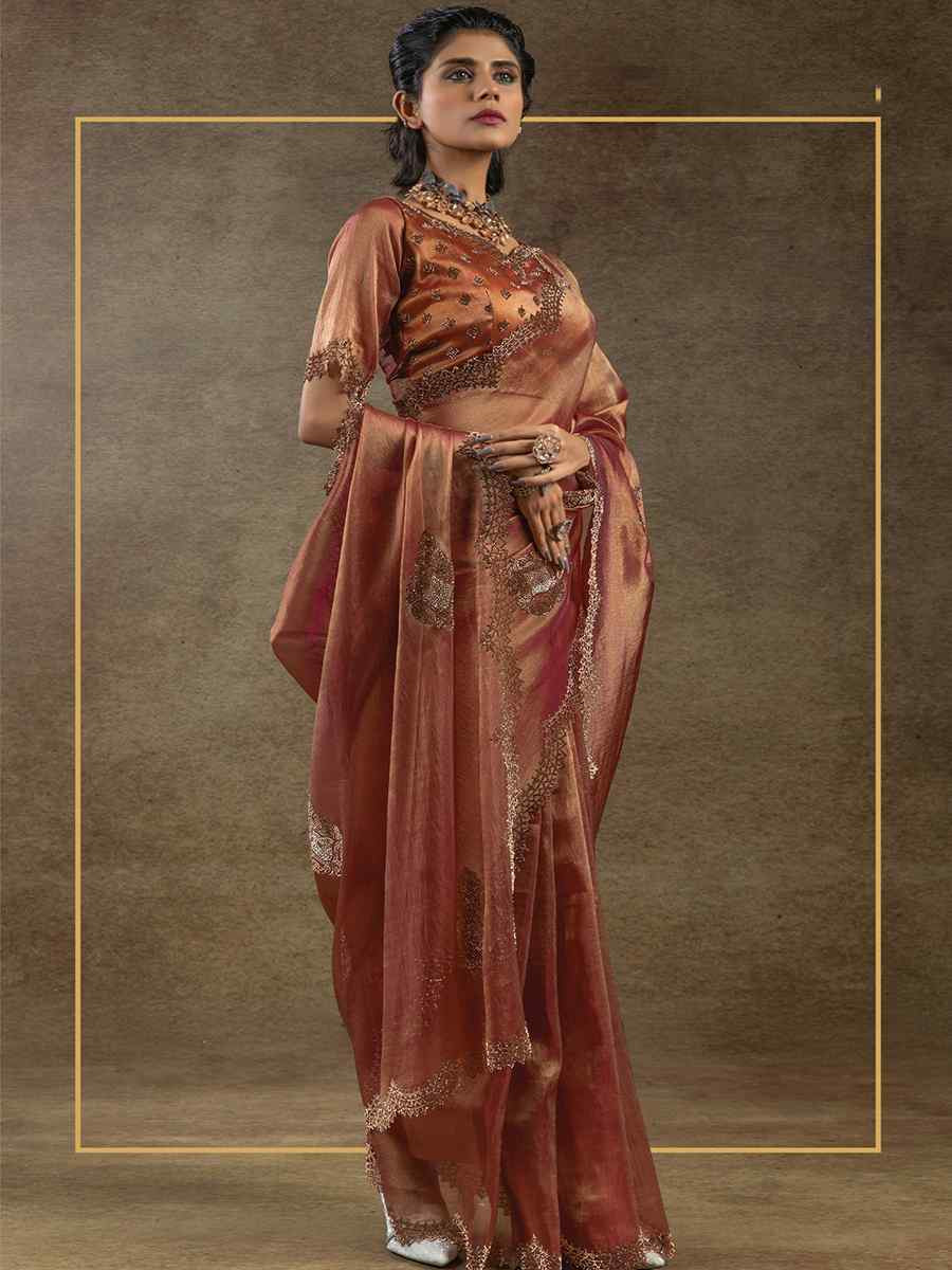Brown Banarasi Silk Embroidered Festival Wedding Fancy Heavy Border Saree