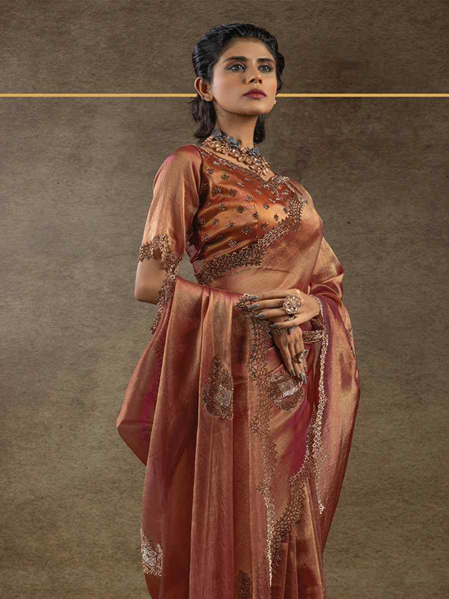 Brown Banarasi Silk Embroidered Festival Wedding Fancy Heavy Border Saree