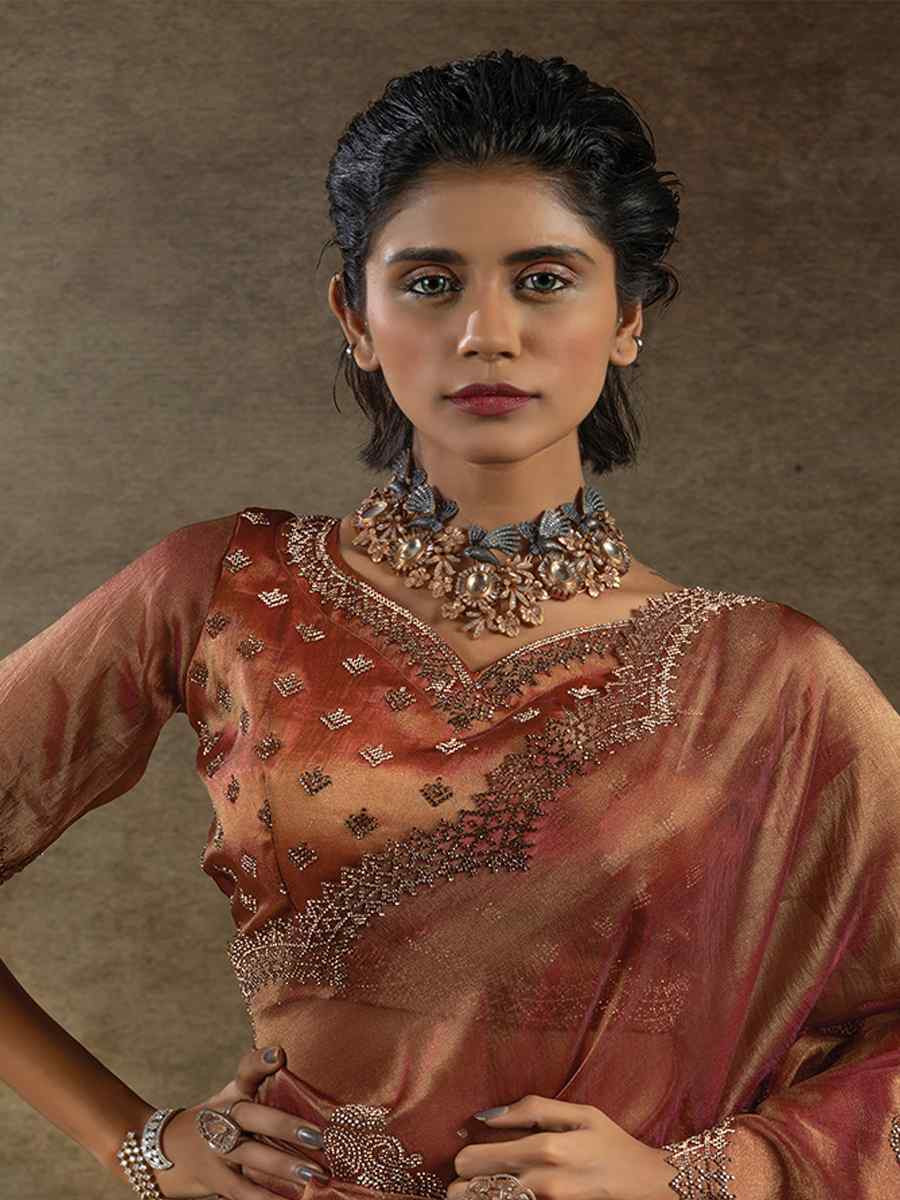 Brown Banarasi Silk Embroidered Festival Wedding Fancy Heavy Border Saree