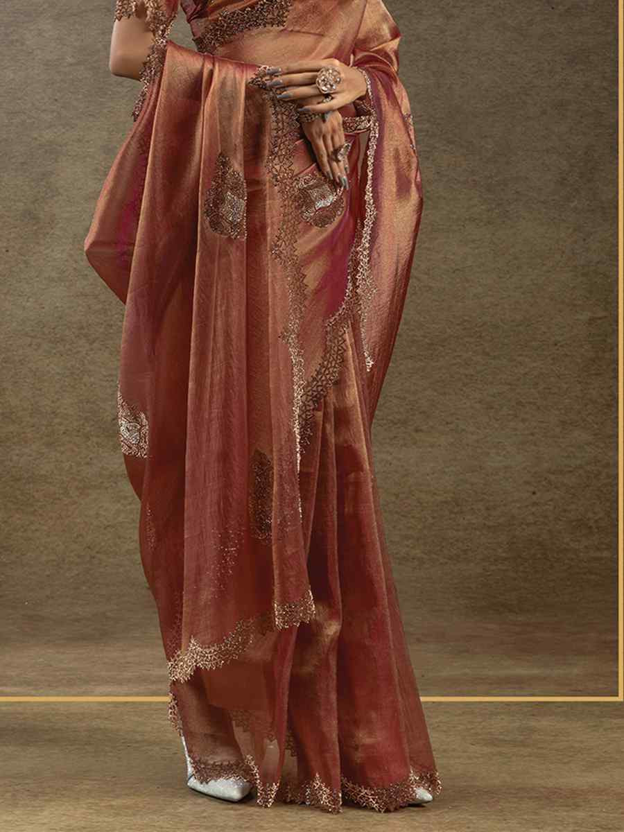 Brown Banarasi Silk Embroidered Festival Wedding Fancy Heavy Border Saree