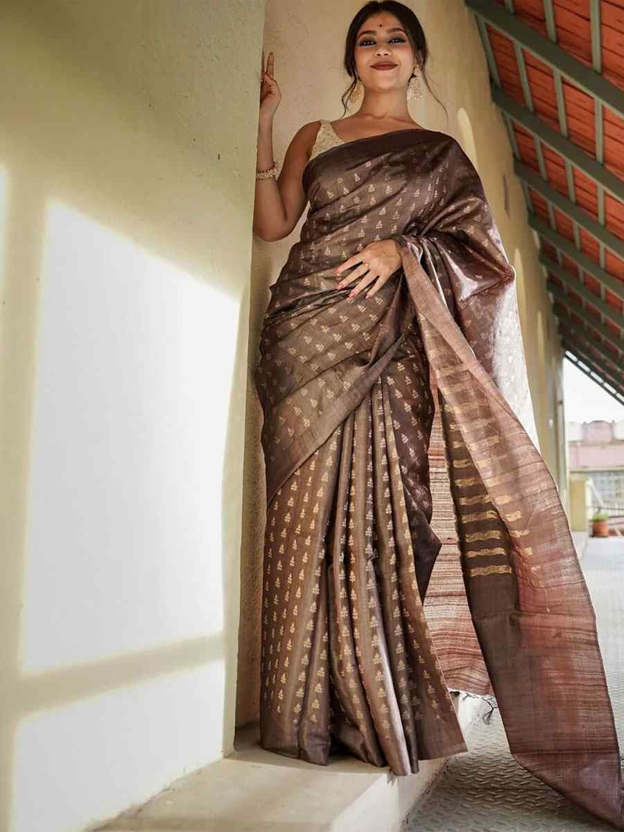 Brown Banarasi Silk Handwoven Party Festival Wedding Traditional Fancy Classic Style Sarees