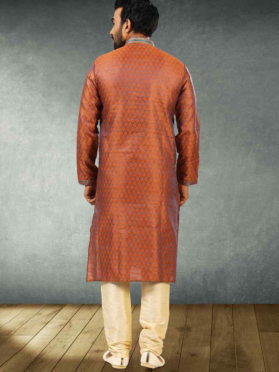 Brown Blue Jacquard Silk Brocade Woven Party Churidar Kurta