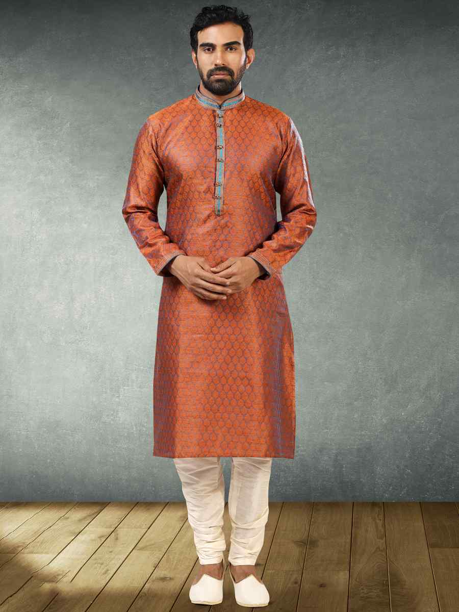 Brown Blue Jacquard Silk Brocade Woven Party Churidar Kurta