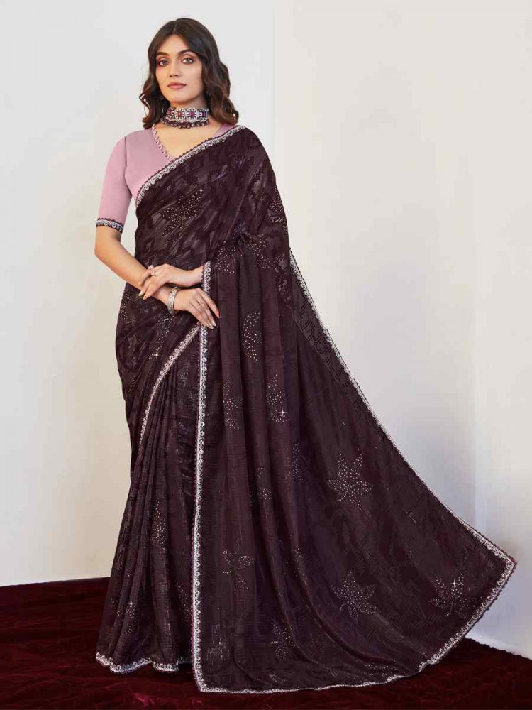 Brown Brasso Embroidered Party Festival Classic Style Saree