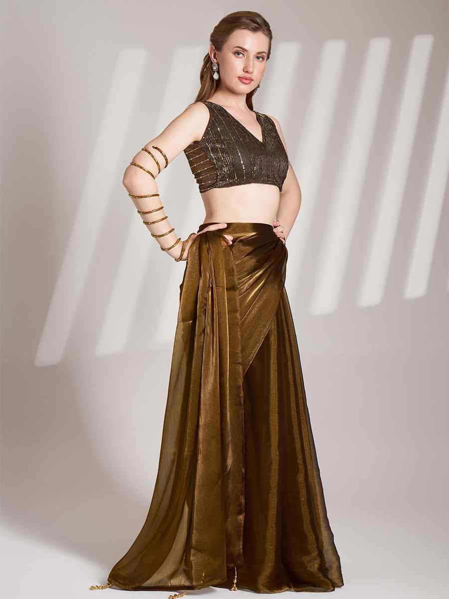 Brown Burberry Organza Solid Casual Festival Classic Style Saree