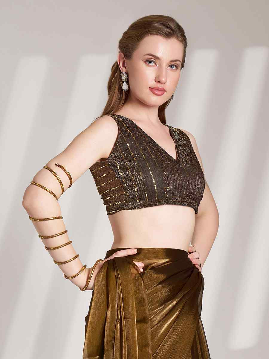 Brown Burberry Organza Solid Casual Festival Classic Style Saree